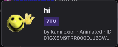 Chatty 7TV emote preview showing the hi emote and its creator details