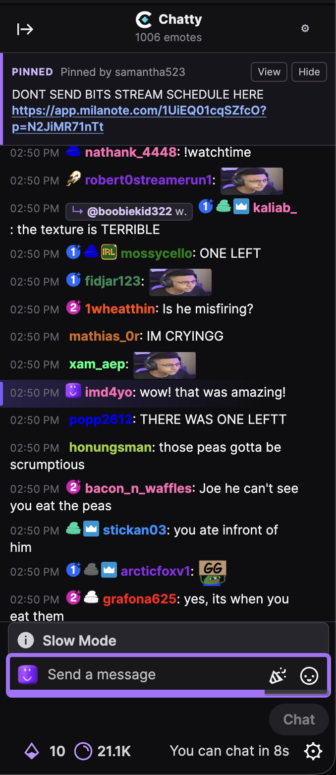 Chatty showing a pinned message, highlighted chat rows, emotes, badges, and the Twitch message composer